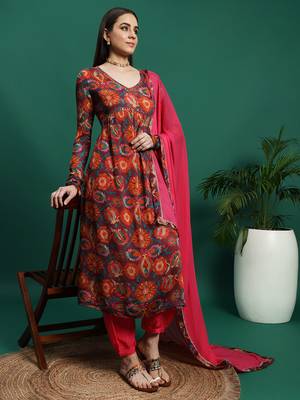 Women orange color embroidery embellished anarkali kurta pant with dupatta set 1