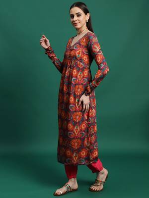 Women orange color embroidery embellished anarkali kurta pant with dupatta set 2