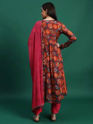 Women orange color embroidery embellished anarkali kurta pant with dupatta set 3