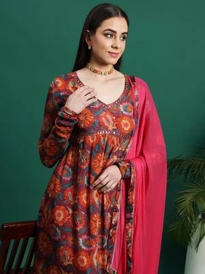 Women orange color embroidery embellished anarkali kurta pant with dupatta set 4