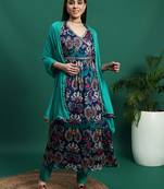 Women blue color embroidery embellished anarkali kurta pant with dupatta set