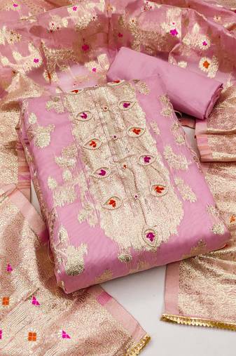 Pink Modal Banarasi Hand Work Dress Material With Inner