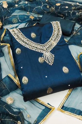 Peacock Blue Organza Banarasi Hand Work Dress Material With Inner