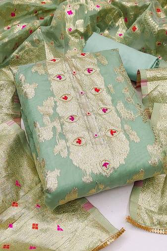 Pista Green Modal Banarasi Hand Work Dress Material With Inner
