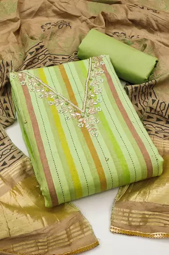 pista green cambric cotton hand work dress material