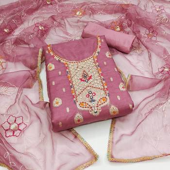 Women'S Onion Pink Organza Banarasi Hand Work Dress Material With Inner 1