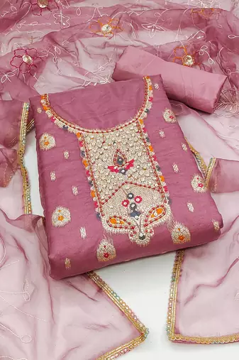 Women'S Onion Pink Organza Banarasi Hand Work Dress Material With Inner