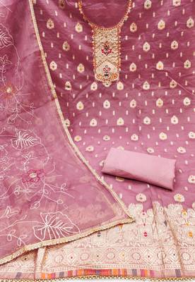 Women'S Onion Pink Organza Banarasi Hand Work Dress Material With Inner 2