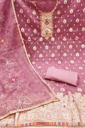 Women'S Onion Pink Organza Banarasi Hand Work Dress Material With Inner