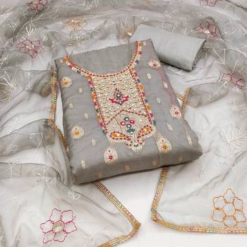 Grey Organza Banarasi Hand Work Dress Material With Inner 1