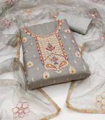 Grey Organza Banarasi Hand Work Dress Material With Inner