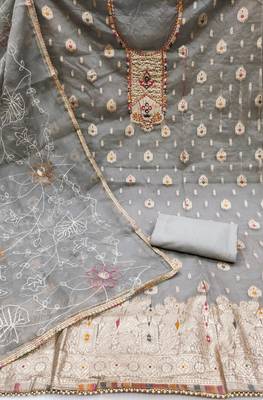 Grey Organza Banarasi Hand Work Dress Material With Inner 2
