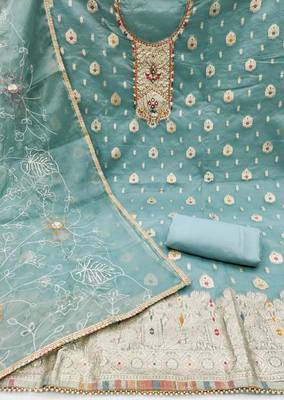 Sky Blue Organza Banarasi Hand Work Dress Material With Inner 2