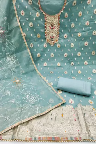 Sky Blue Organza Banarasi Hand Work Dress Material With Inner