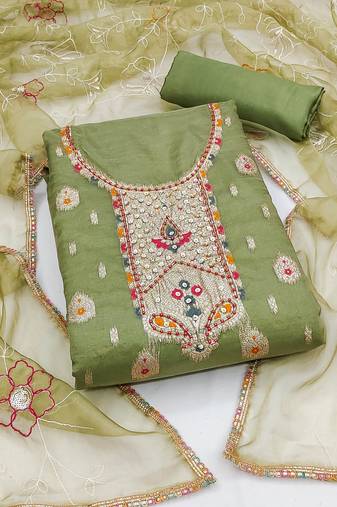 Green Organza Banarasi Hand Work Dress Material With Inner