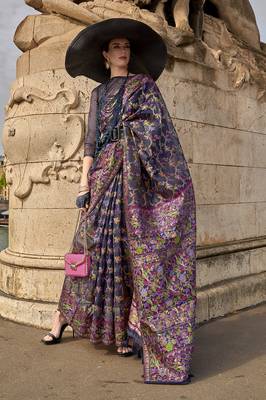 Navy Blue Organza handloom weaving work Saree 1