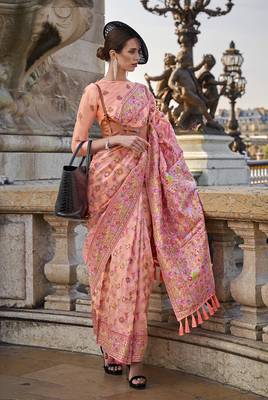 Peach Organza handloom weaving work Saree 1