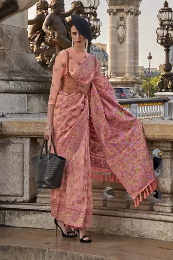 Peach Organza handloom weaving work Saree