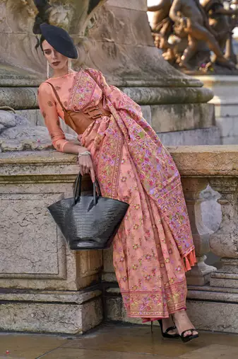 Peach Organza handloom weaving work Saree