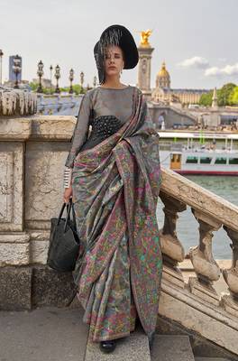 Grey Organza handloom weaving work Saree 1