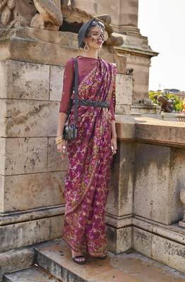 Magenta Organza handloom weaving work Saree 1