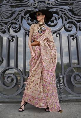 Beige Organza handloom weaving work Saree 1