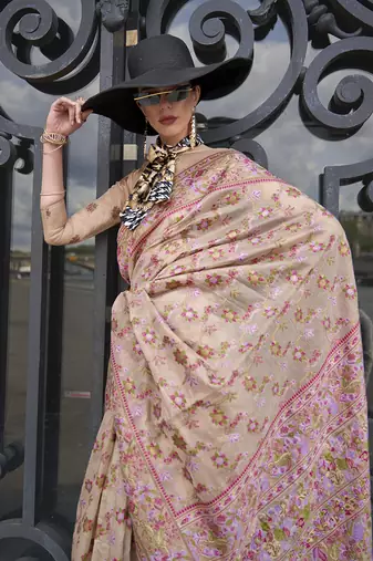 Beige Organza handloom weaving work Saree