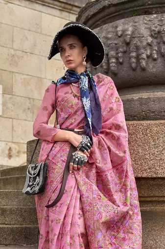 Pink Organza handloom weaving work Saree
