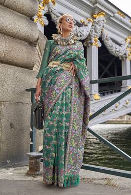 Teal Organza handloom weaving work Saree 1