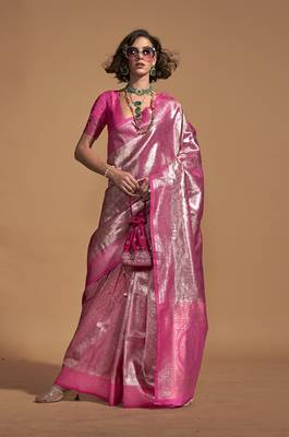 Pink kanjivaram silk blend zari weaving saree 1