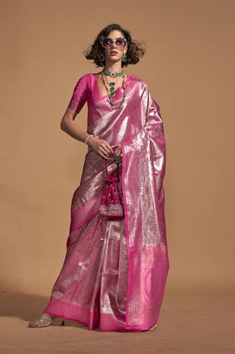Pink silk Blend woven designer saree
