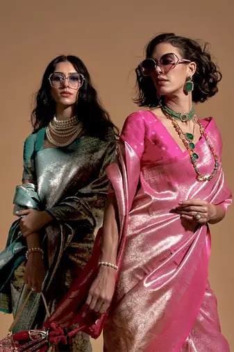 Pink kanjivaram silk blend zari weaving saree