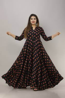 women rayon floral print anarkali kurta in blue 1