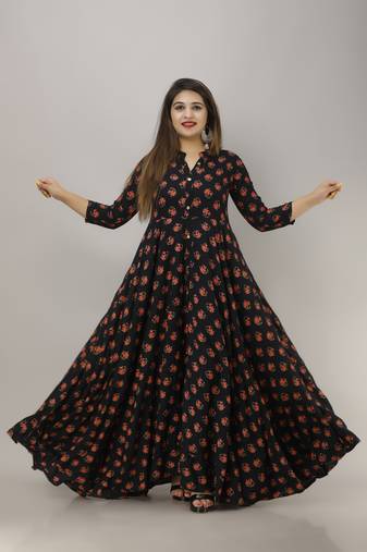 Ftdiva women rayon floral print anarkali kurta in blue