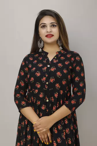 women rayon floral print anarkali kurta in blue