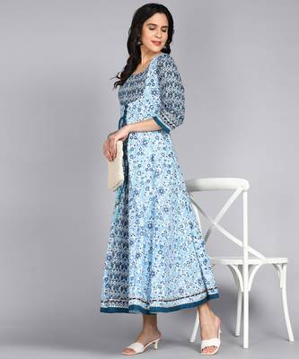Ftdiva women rayon floral print embllished flared kurta in blue 1