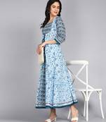 Ftdiva women rayon floral print embllished flared kurta in blue