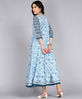 Ftdiva women rayon floral print embllished flared kurta in blue 2
