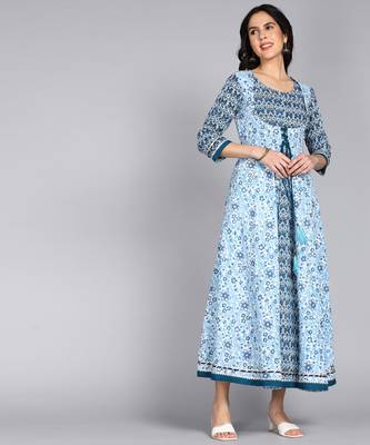 Ftdiva women rayon floral print embllished flared kurta in blue 3