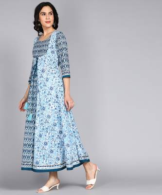 Ftdiva women rayon floral print embllished flared kurta in blue 4