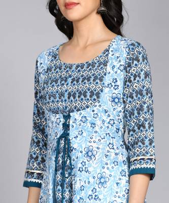 Ftdiva women rayon floral print embllished flared kurta in blue 5