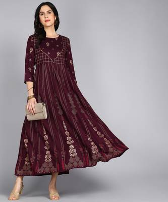 women rayon printed anarkali kurta in purple 1