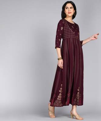 women rayon printed anarkali kurta in purple 3