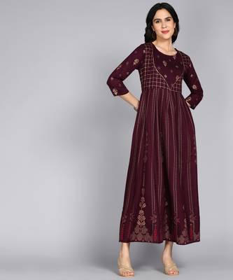 women rayon printed anarkali kurta in purple 4