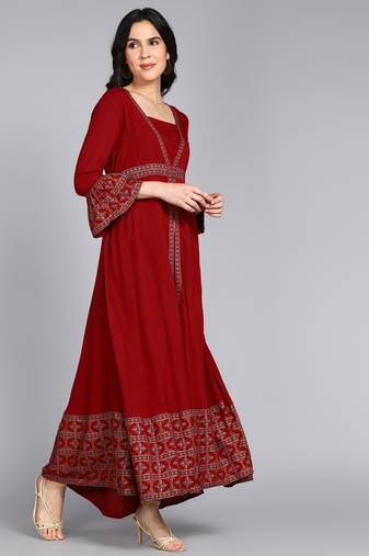 Ftdiva women rayon paisley print anarkali kurta in maroon