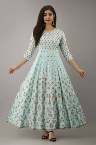 Ftdiva women printed anarkali kurta in green