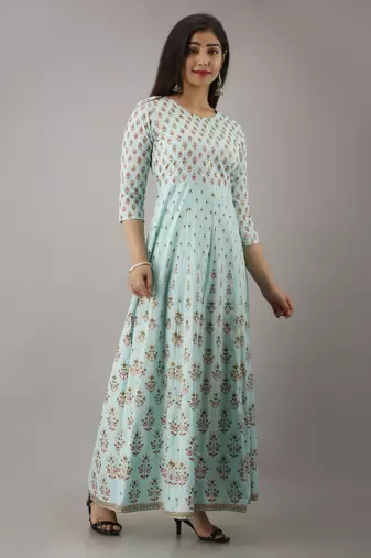 women printed anarkali kurta in green