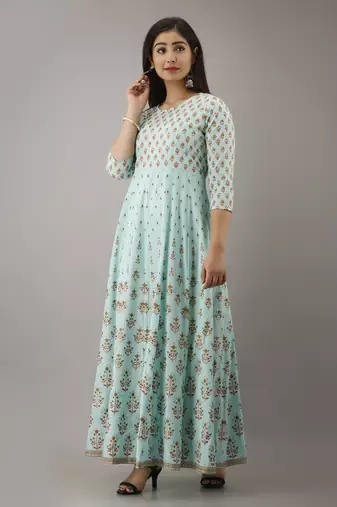 women printed anarkali kurta in green
