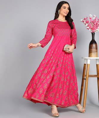 women rayon printed anarkali kurta in pink 1