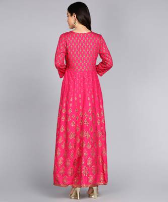 women rayon printed anarkali kurta in pink 2